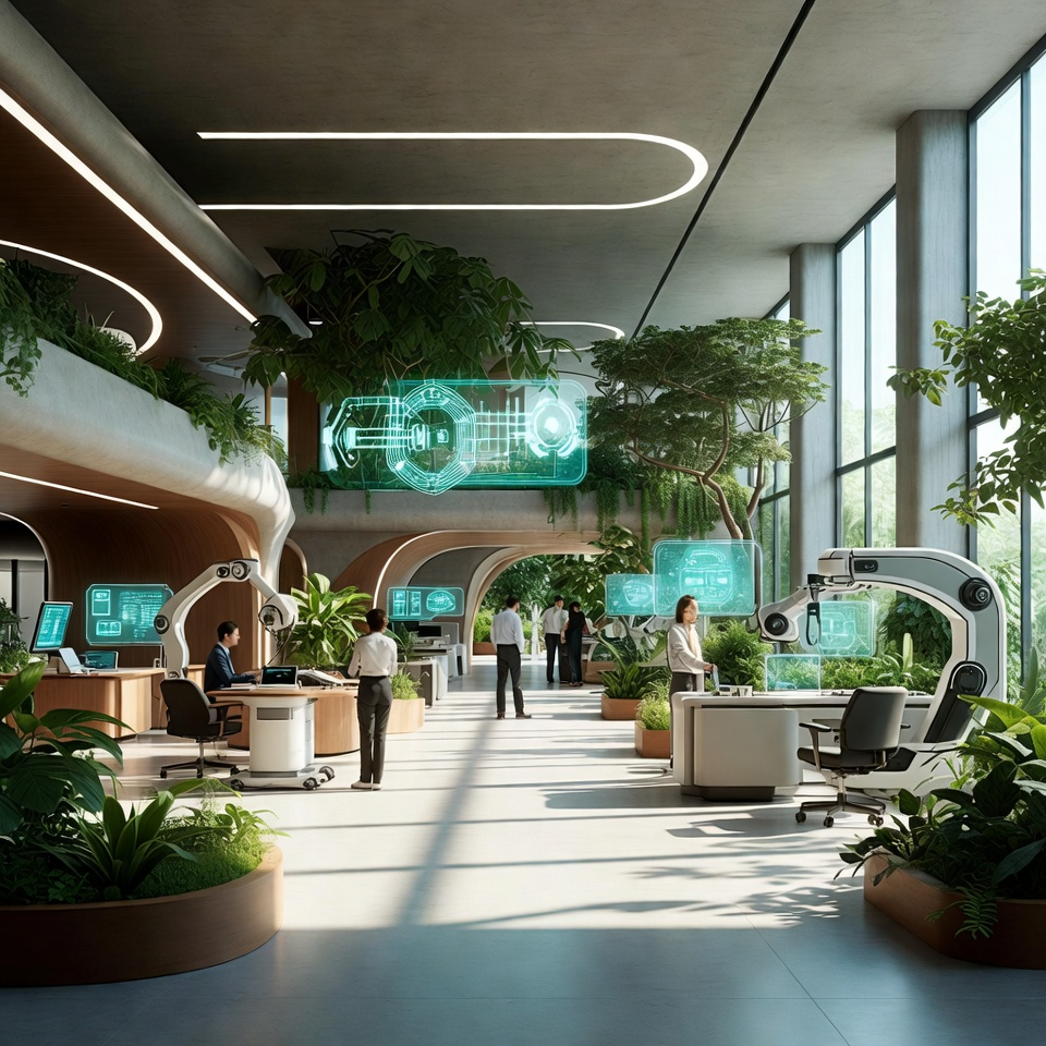 futurystyczny rynek pracy w sektorze opieki zdrowotnej w 2026 roku, technologia harmonijnie współgra z naturą, jasne naturalne światło, spokojna i relaksująca atmosfera, naturalne kolory ziemi i zieleni, poczucie zdrowia, troski i dobrostanu, wysoka jakość, szczegółowa wizja przyszłości