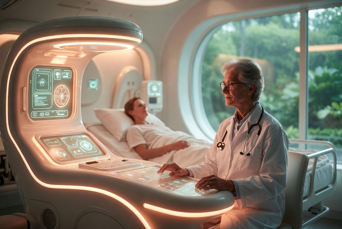 wizualizacja przyszłości sektora medycznego - lekarz przy ultranowoczesnym biurku komputerowym, naturalne światło, zieleń za oknem, spokój, w tle pacjent odpoczywa w łóżku