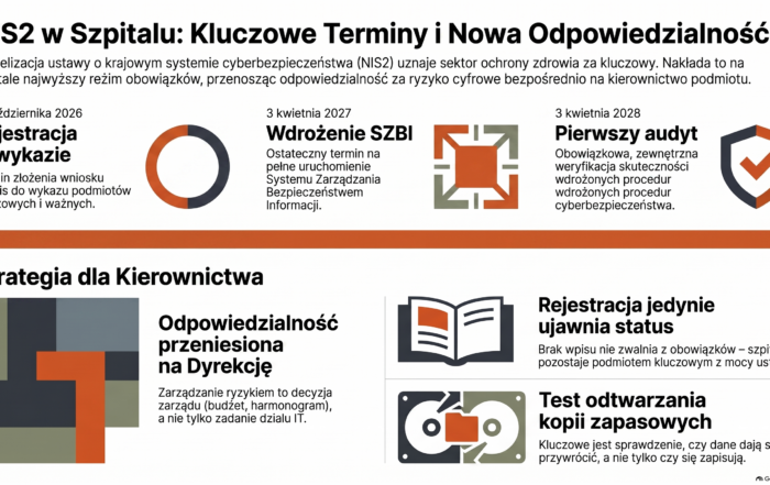 Infografika przedstawiająca kalendarz kluczowych terminów i obowiązków wdrożenia dyrektywy NIS2 w polskich szpitalach, obejmujący okres od kwietnia 2026 roku do kwietnia 2028 roku.